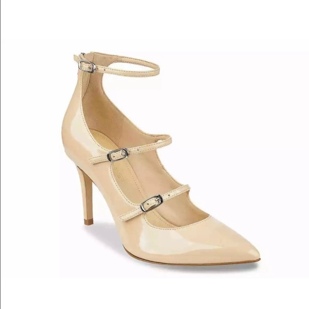 Marc Fisher Nude Marlene Three Strap Patent Pointed Toe Stiletto Heels